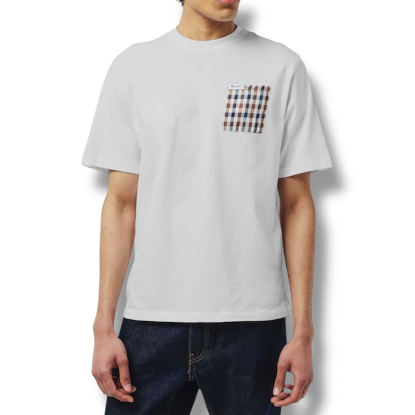 AQUASCUTUM PATCH POCKET T-SHIRT & CHECK SWIM SHORTS SET WHITE - BEIGE
