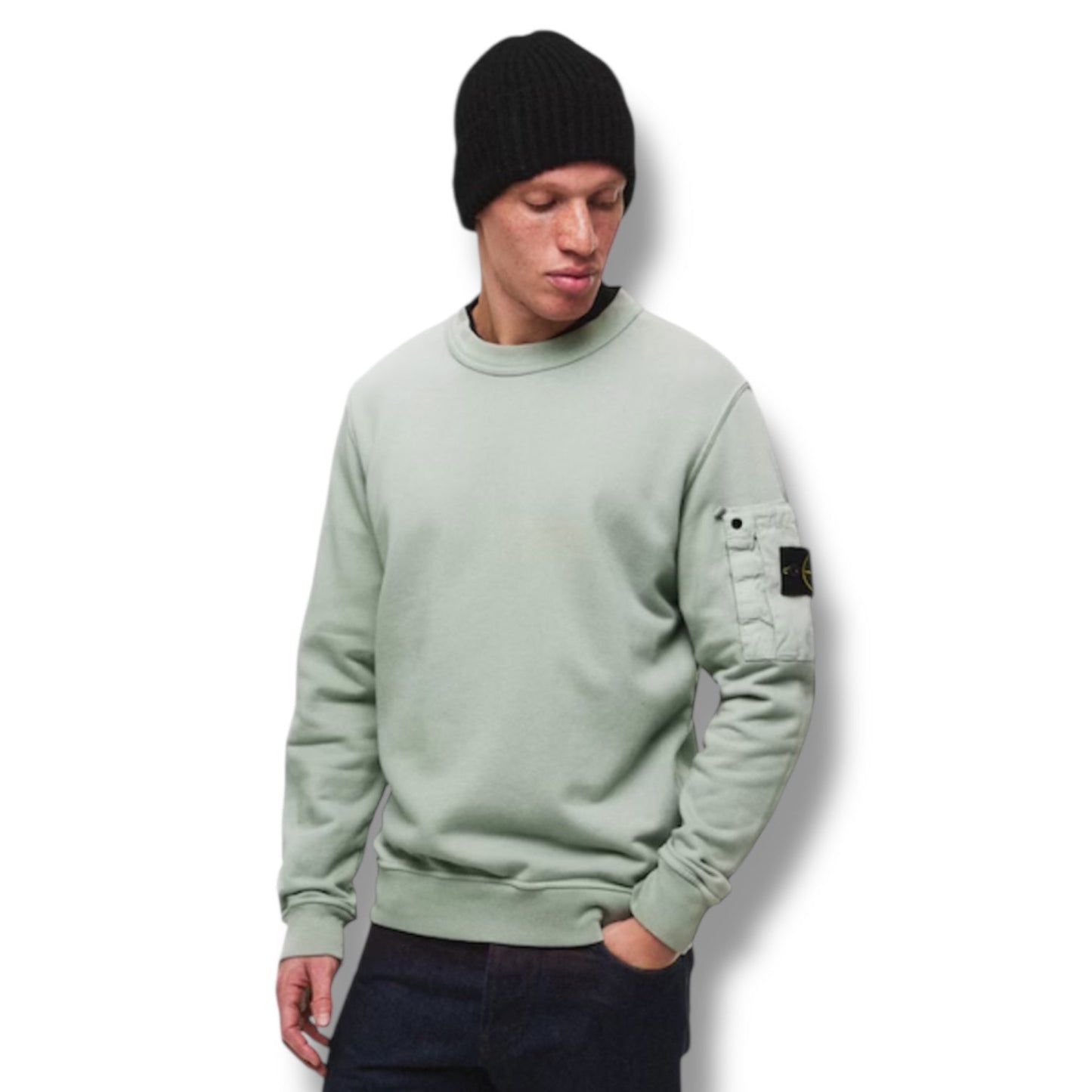 STONE ISLAND ZIP ARM POCKET CREW NECK SWEATSHIRT SAGE GREEN