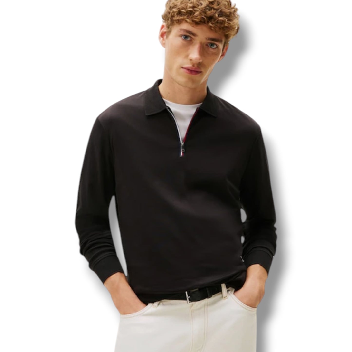 TOMMY HILFIGER LONG ZIP UP SLEEVE POLO SHIRT BLACK