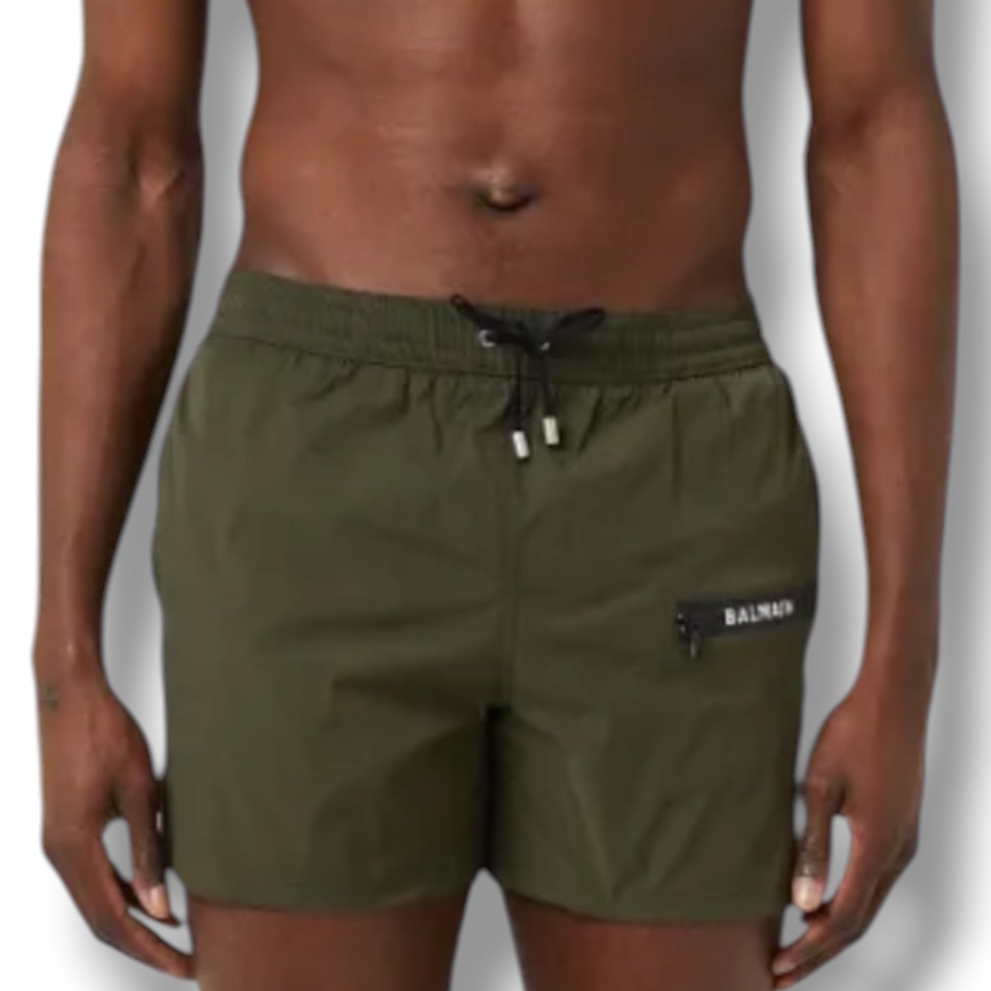 BALMAIN ZIP POCKET SWIM SHORTS KHAKI GREEN