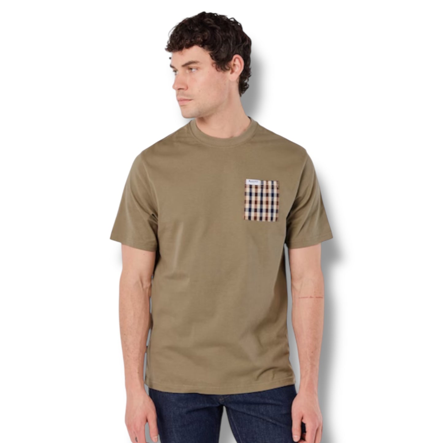 AQUASCUTUM PATCH POCKET T-SHIRT & CHECK SWIM SHORTS SET KHAKI GREEN - BEIGE