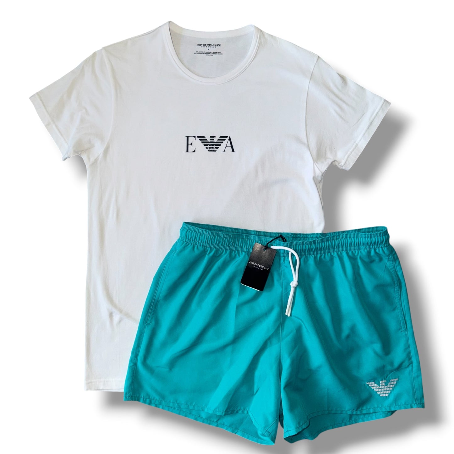 ARMANI EA T-SHIRT & SWIM SHORTS SET WHITE & TURQUOISE *SALE*