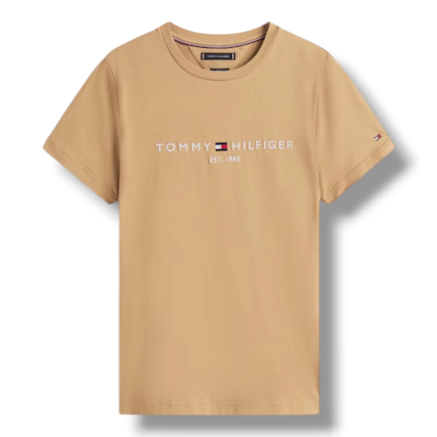 TOMMY HILFIGER LOGO T-SHIRT & SWIM SHORTS SET CAMEL BEIGE & NAVY BLUE