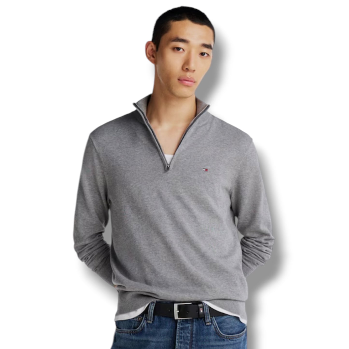 TOMMY HILFIGER 1/4 ZIP THIN KNIT SWEATER GREY