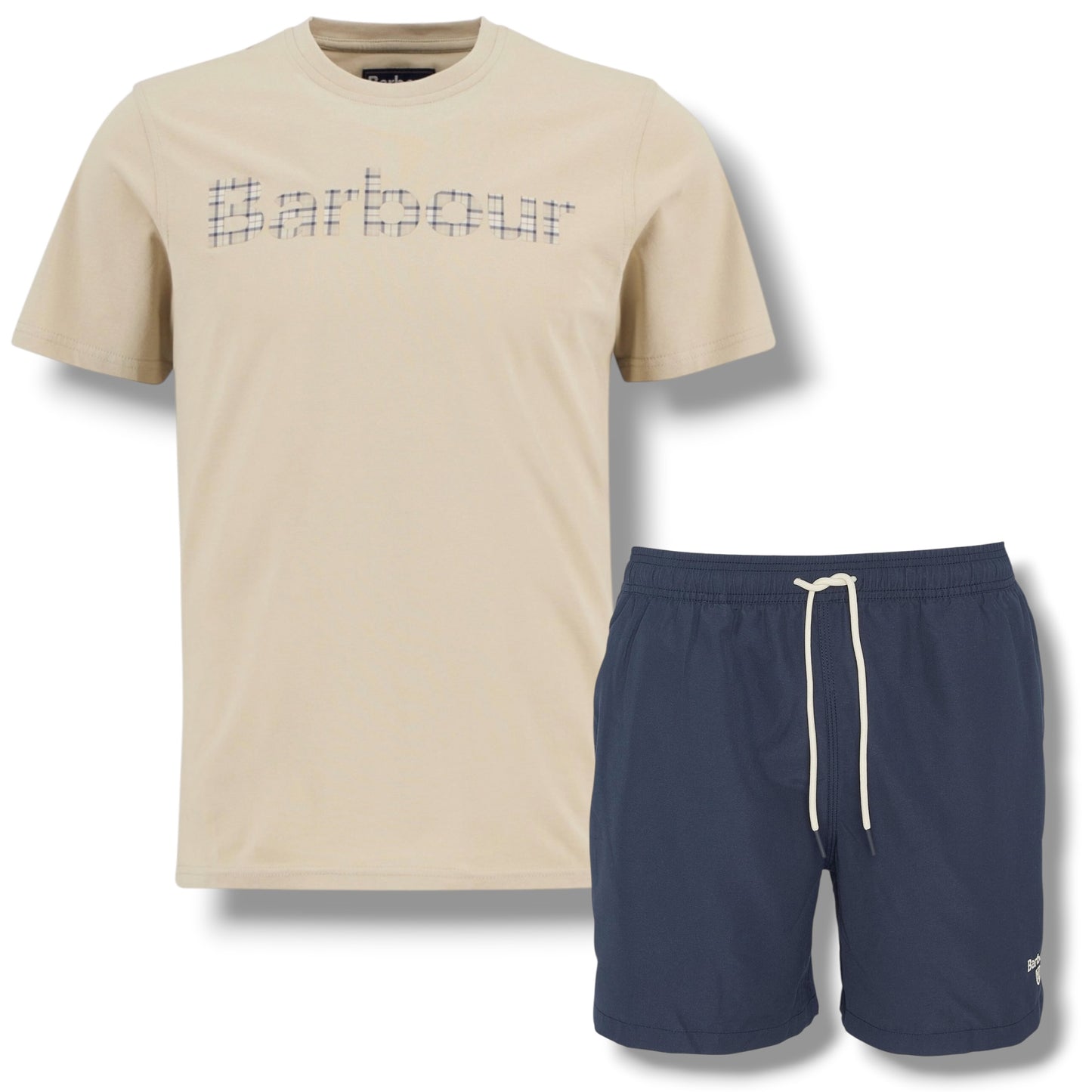 BARBOUR CHECK TEXT LOGO T-SHIRT &  SWIM SHORTS BEIGE & NAVY BLUE