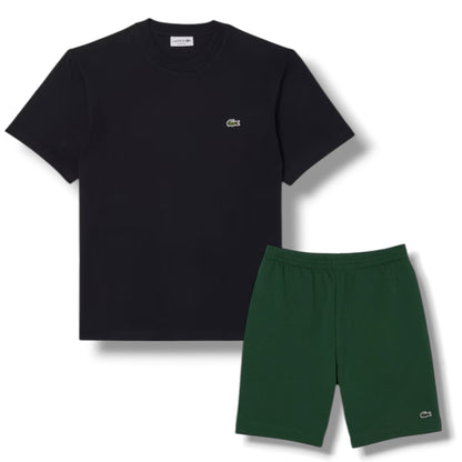LACOSTE SMALL LOGO T-SHIRT & JERSEY SHORTS SET BLACK & GREEN