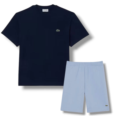 LACOSTE SMALL LOGO T-SHIRT & JERSEY SHORTS SET NAVY BLUE & LIGHT BLUE