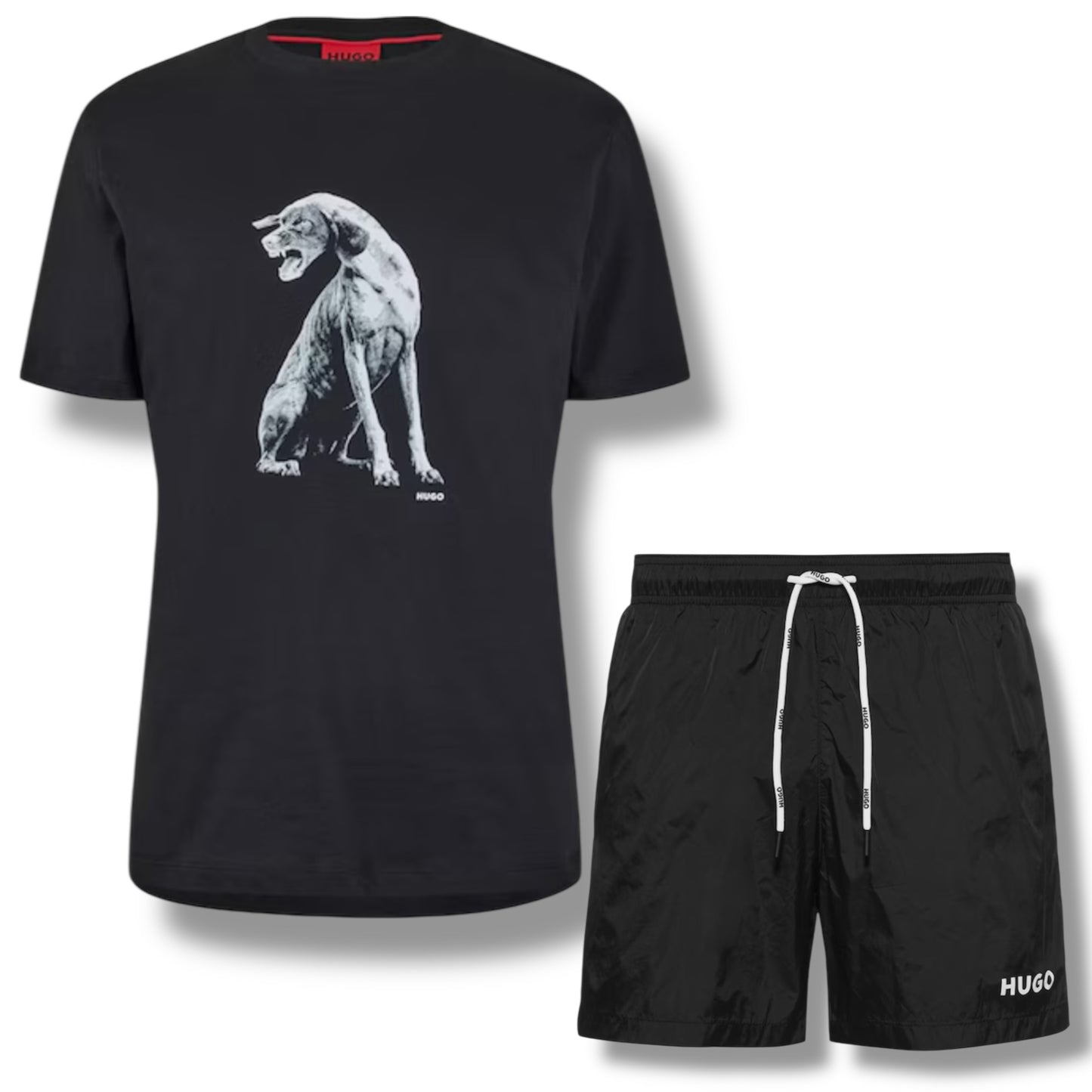 HUGO DOG LOGO T-SHIRT & SMALL LOGO SWIM SHORTS SET BLACK