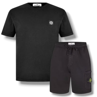 STONE ISLAND PATCH LOGO T-SHIRT & CARGO JERSEY SHORTS SET BLACK
