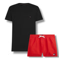 TOMMY HILFIGER SMALL LOGO T-SHIRT & SWIM SHORTS SET BLACK & RED