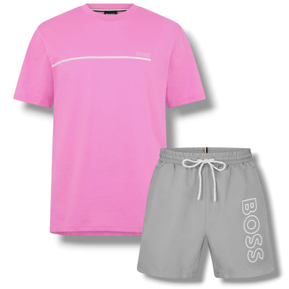 HUGO BOSS STORM T-SHIRT & SWIM SET PINK & GREY
