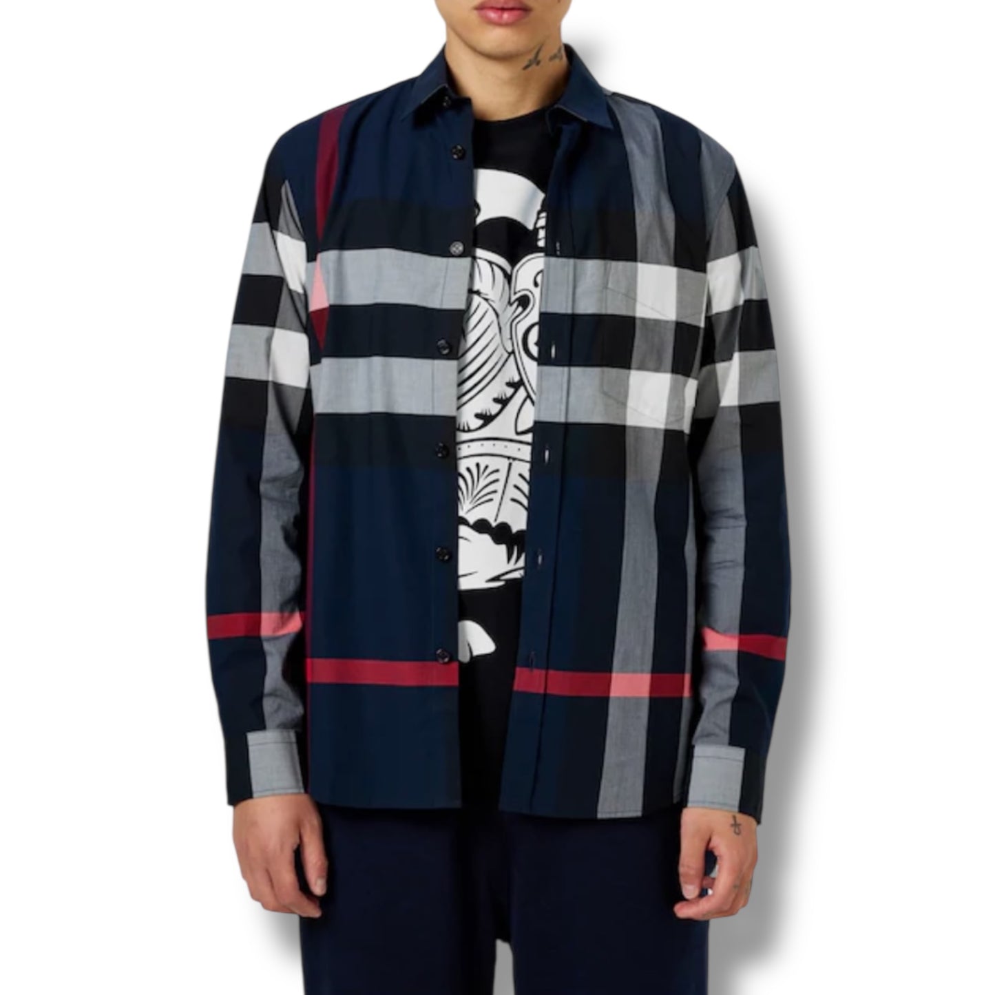 BURBERRY SOMERTON CHECK LONG SLEEVE SHIRT NAVY BLUE