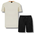 HUGO BOSS PATCH T-SHIRT & VERTI LOGO SWIM SHORTS SET BEIGE & BLACK