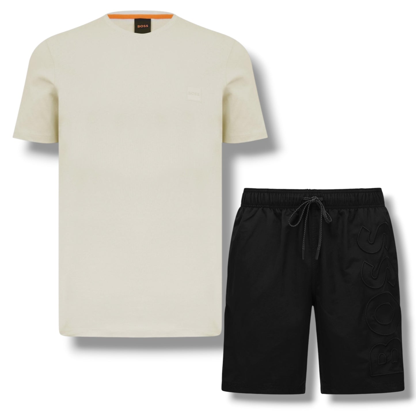 HUGO BOSS PATCH T-SHIRT & VERTI LOGO SWIM SHORTS SET BEIGE & BLACK