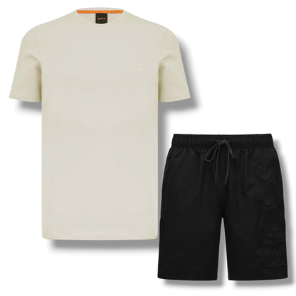 HUGO BOSS PATCH T-SHIRT & VERTI LOGO SWIM SHORTS SET BEIGE & BLACK