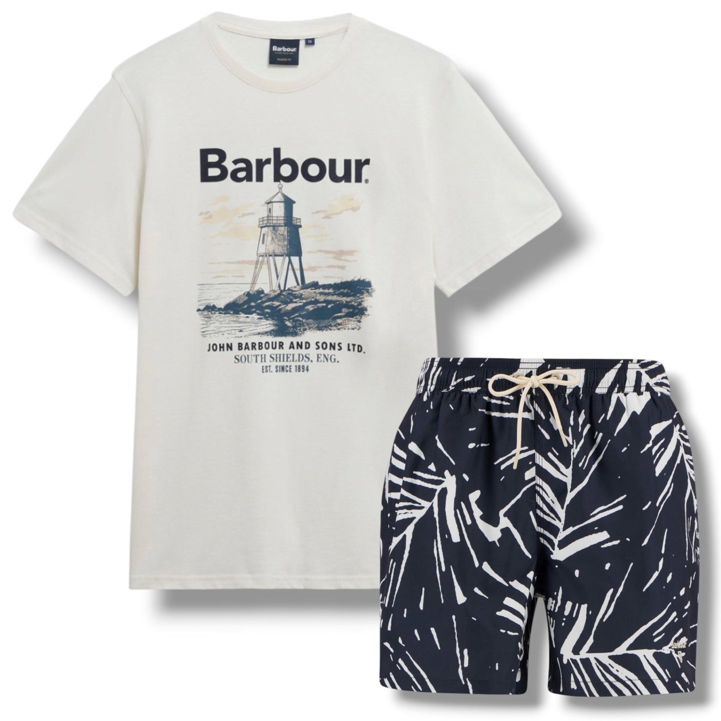 BARBOUR LIGHTHOUSE LOGO T-SHIRT & FLORAL SWIM SHORTS SET WHITE & NAVY BLUE