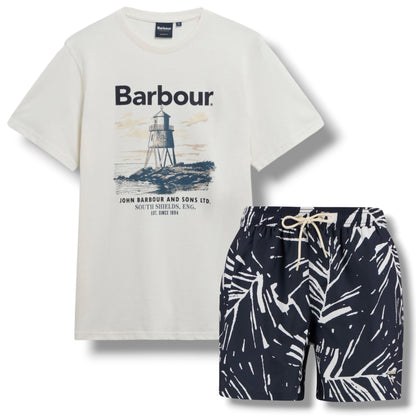 BARBOUR LIGHTHOUSE LOGO T-SHIRT & FLORAL SWIM SHORTS SET WHITE & NAVY BLUE