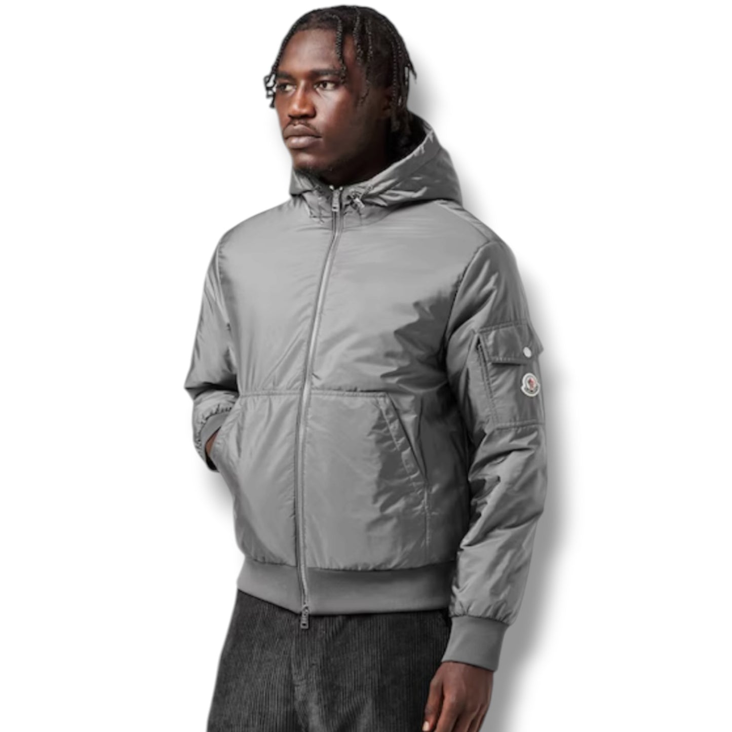 MONCLER HOODED PUFFER BOMBER JACKET GREY