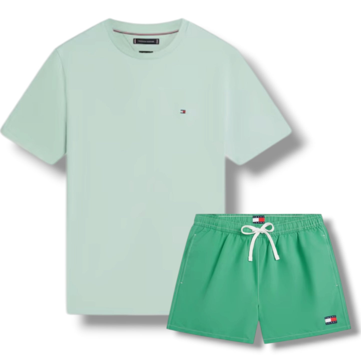 TOMMY HILFIGER SMALL LOGO T-SHIRT & SWIM SHORTS SET MINT GREEN & GREEN