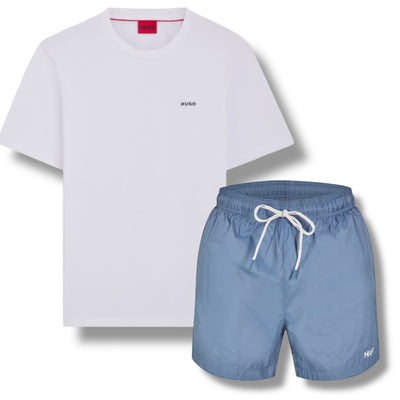HUGO SMALL LOGO T-SHIRT & SMALL LOGO SWIM SHORTS SET WHITE & LIGHT BLUE