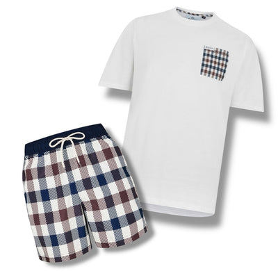 AQUASCUTUM PATCH POCKET T-SHIRT & SWIM SHORTS SET BIG CHECK WHITE