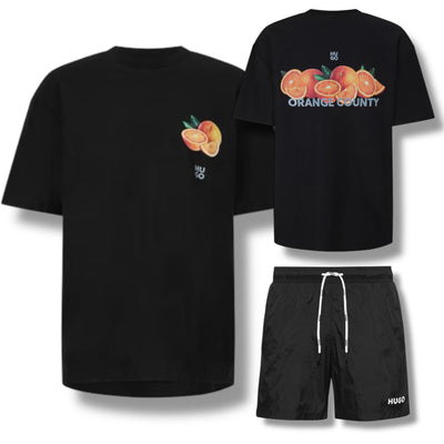 HUGO ORANGES T-SHIRT & SMALL LOGO SWIM SHORTS SET BLACK