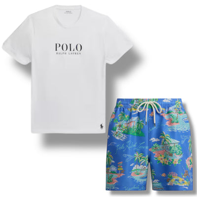 RALPH LAUREN POLO BIG LOGO T-SHIRT & BEAR SWIM SHORTS SET WHITE & LIGHT BLUE