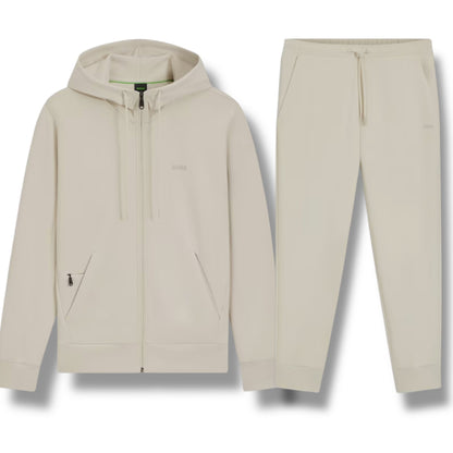 HUGO BOSS CURVED LOGO FULL ZIP HOODED TRACKSUIT BEIGE