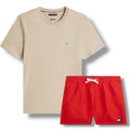 TOMMY HILFIGER SMALL LOGO T-SHIRT & SWIM SHORTS SET BEIGE & RED