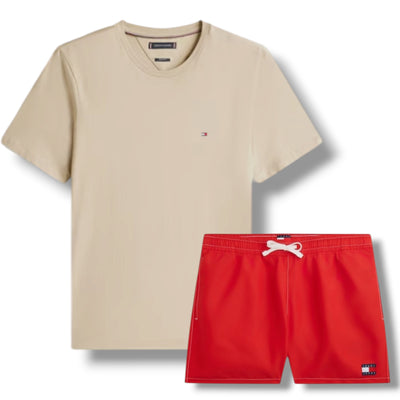 TOMMY HILFIGER SMALL LOGO T-SHIRT & SWIM SHORTS SET BEIGE & RED