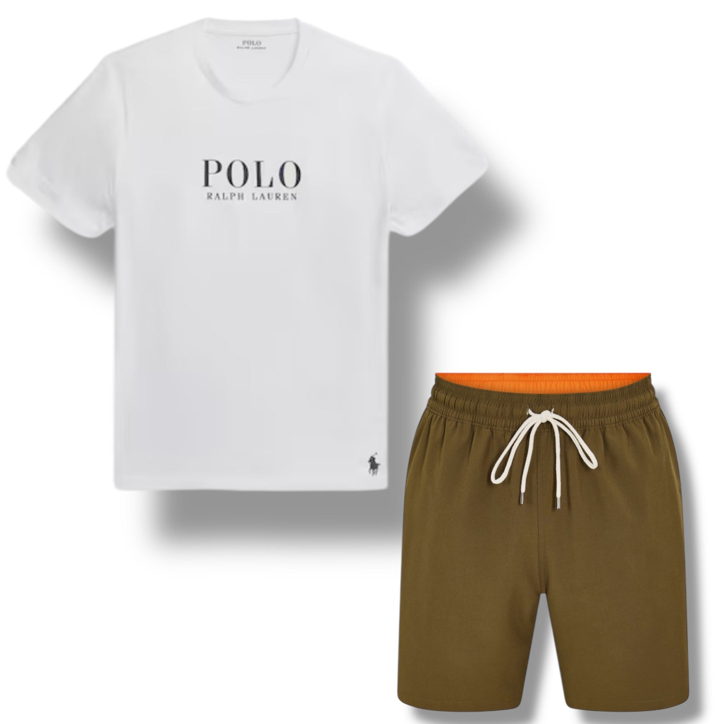 RALPH LAUREN POLO BIG LOGO T-SHIRT & SWIM SHORTS SET WHITE & OLIVE GREEN