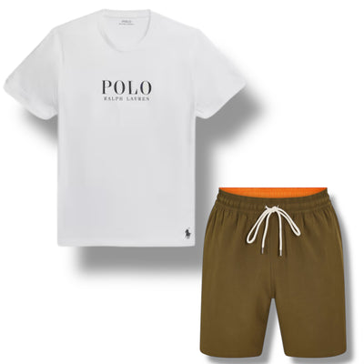 RALPH LAUREN POLO BIG LOGO T-SHIRT & SWIM SHORTS SET WHITE & OLIVE GREEN