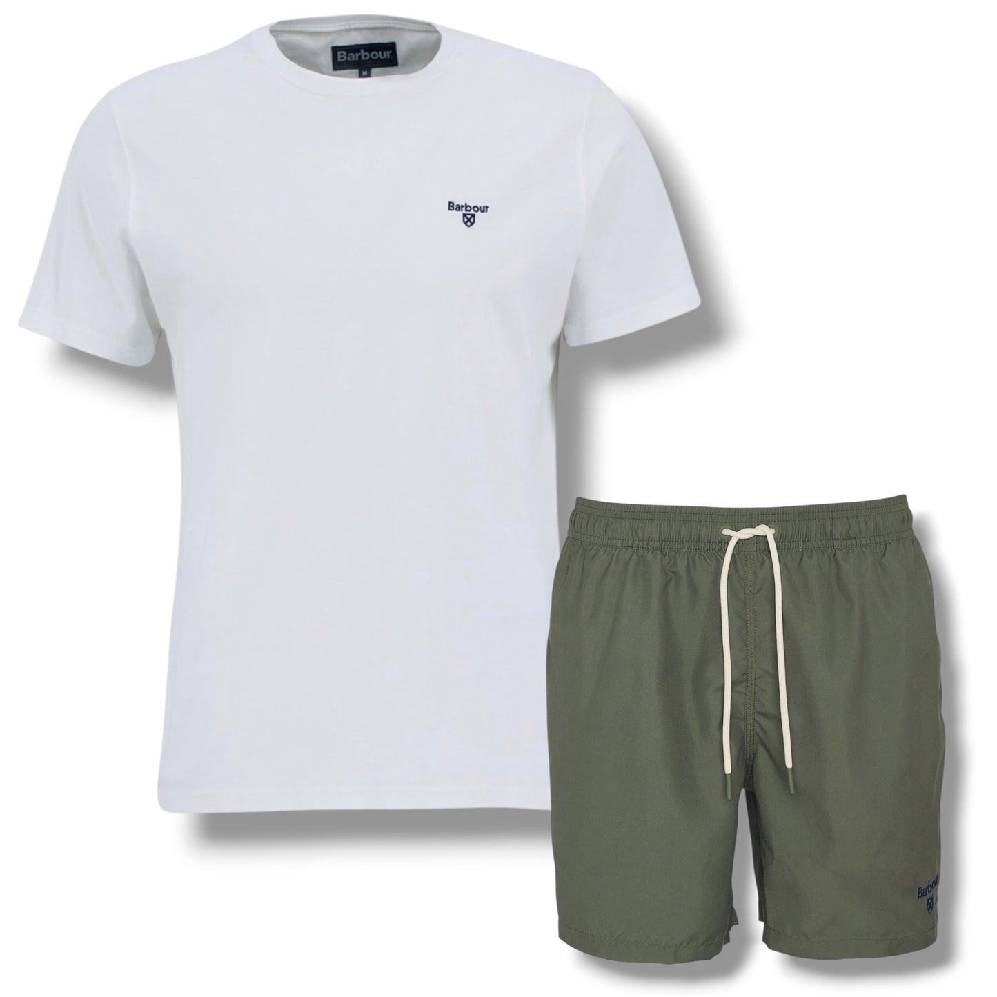 BARBOUR SMALL LOGO T-SHIRT & SWIM SHORTS SET WHITE & OLIVE GREEN