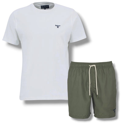BARBOUR SMALL LOGO T-SHIRT & SWIM SHORTS SET WHITE & OLIVE GREEN