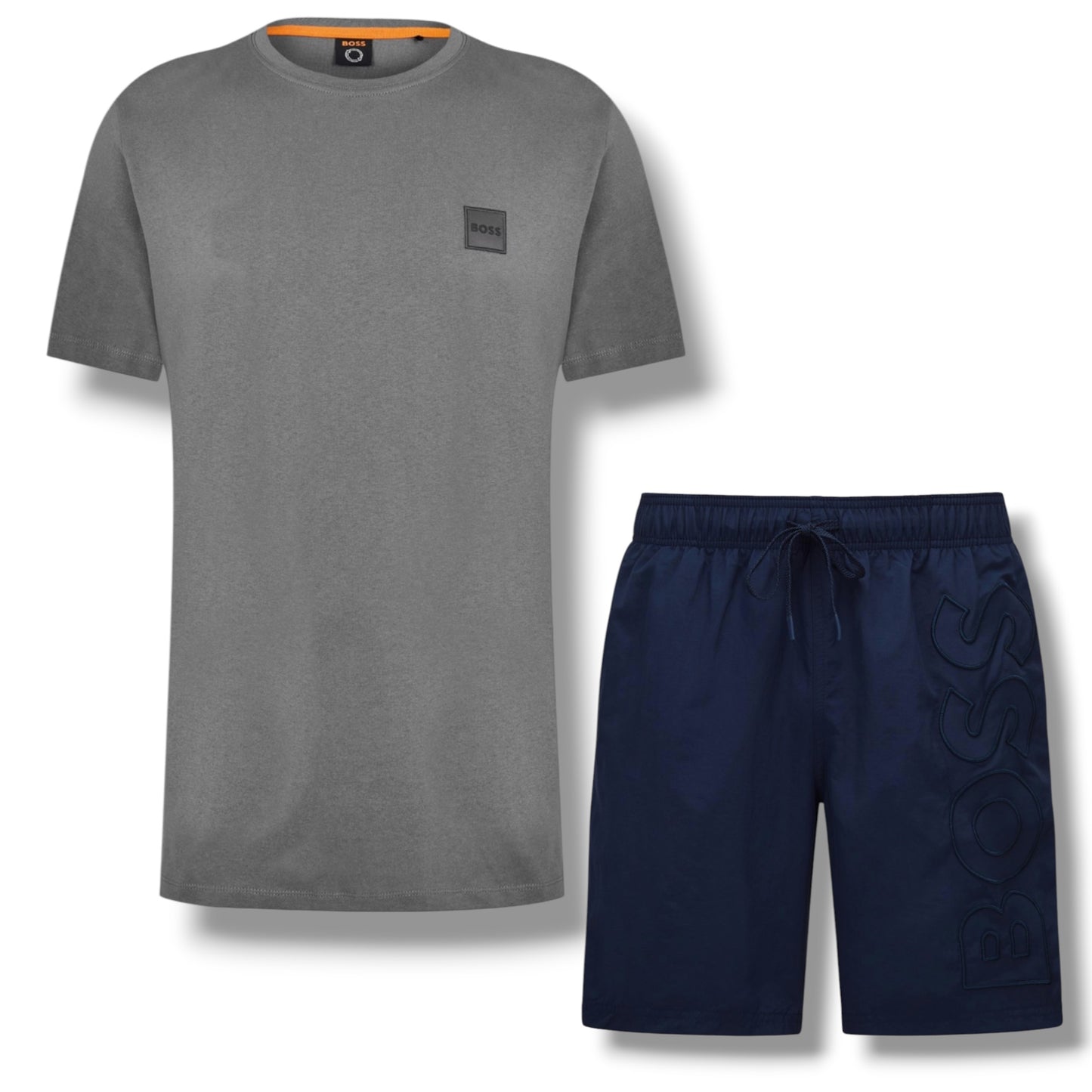 HUGO BOSS PATCH T-SHIRT & VERTI LOGO SWIM SHORTS CHARCOAL GREY & NAVY BLUE