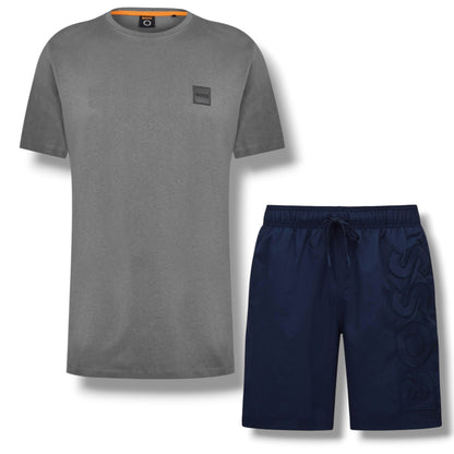 HUGO BOSS PATCH T-SHIRT & VERTI LOGO SWIM SHORTS CHARCOAL GREY & NAVY BLUE
