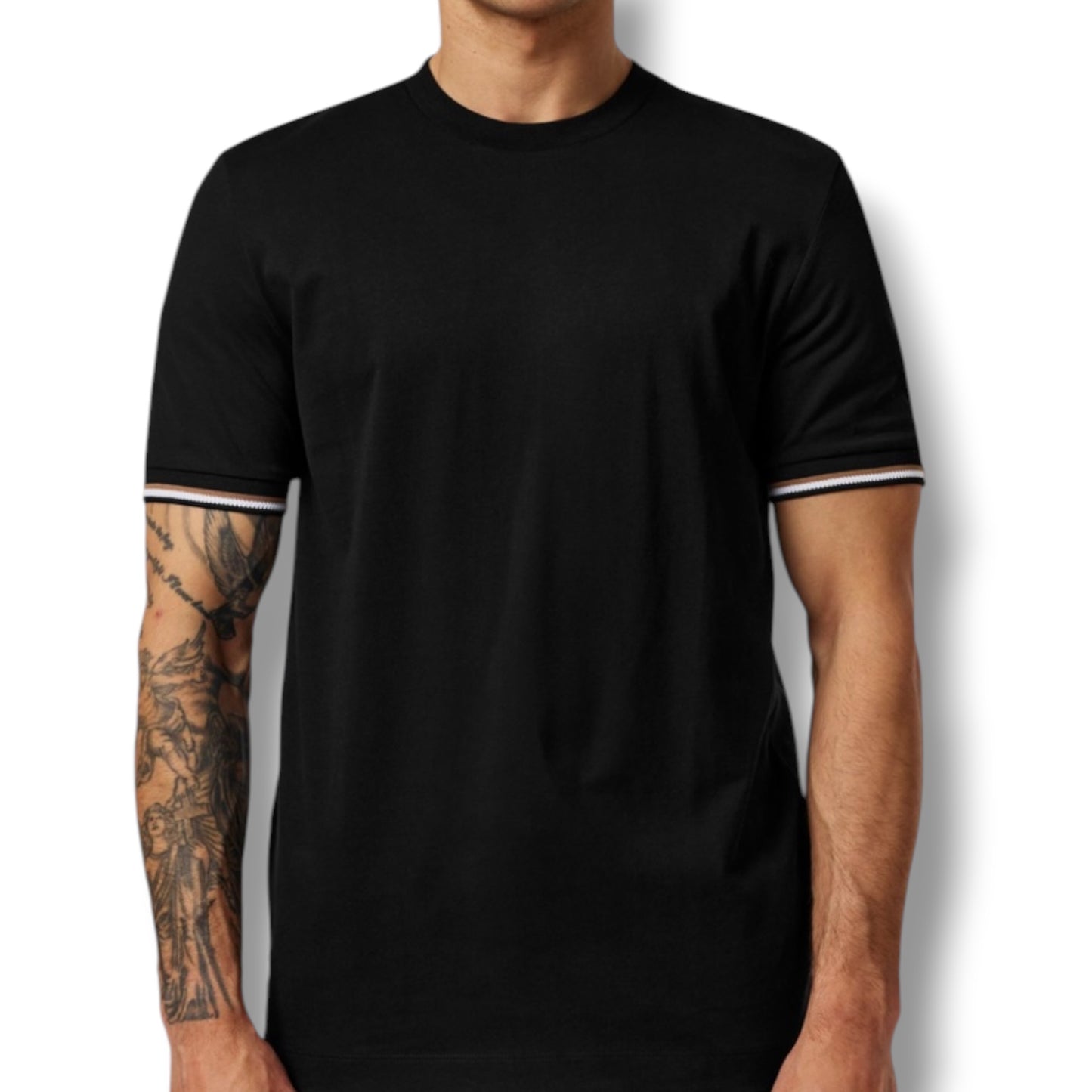 HUGO BOSS TRIM SLEEVE T-SHIRT & GEO SWIM SHORTS BLACK & BROWN