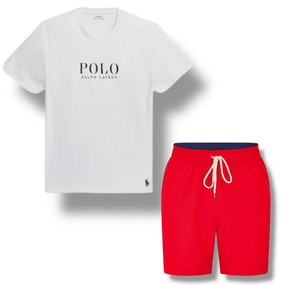 RALPH LAUREN POLO BIG LOGO T-SHIRT & SWIM SHORTS SET WHITE & RED