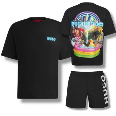 HUGO HUGOWOOD T-SHIRT & VERTI LOGO SWIM SHORTS SET BLACK