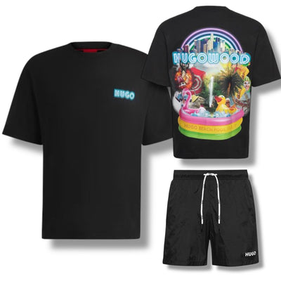 HUGO HUGOWOOD T-SHIRT & SMALL LOGO SWIM SHORTS SET BLACK