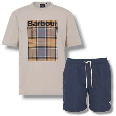 BARBOUR CHECK BOX LOGO T-SHIRT &  SWIM SHORTS BEIGE & NAVY BLUE