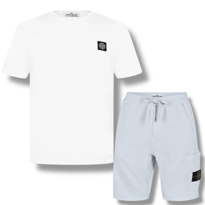 STONE ISLAND PATCH LOGO T-SHIRT & CARGO JERSEY SHORTS SET WHITE & SKY BLUE