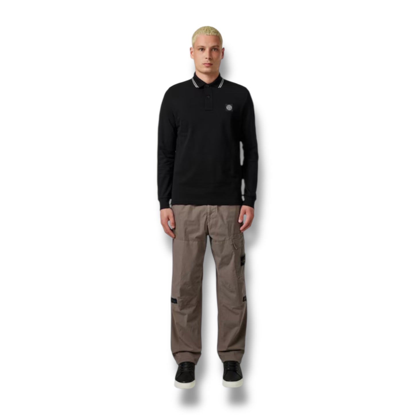 STONE ISLAND LONG SLEEVE PATCH LOGO POLO SHIRT BLACK
