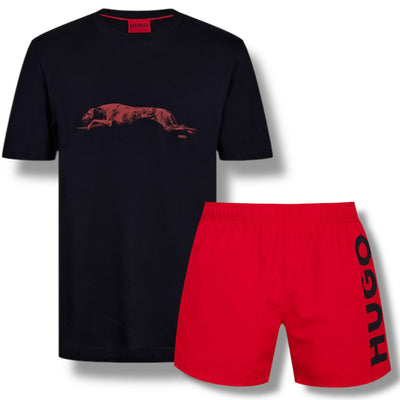 HUGO GREYHOUND DOG LOGO T-SHIRT & VERTI SWIM SHORTS SET BLACK & RED
