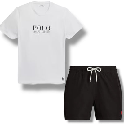 RALPH LAUREN POLO BIG LOGO T-SHIRT & SWIM SHORTS SET WHITE & BLACK