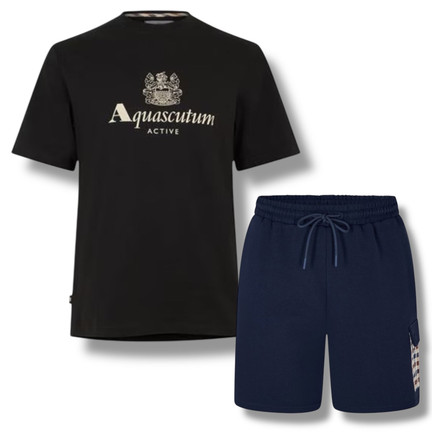 AQUASCUTUM BIG LOGO T-SHIRT & SIDE POCKET SWIM SHORTS SET BLACK - NAVY