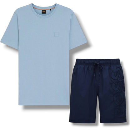 HUGO BOSS PATCH T-SHIRT & VERTI LOGO SWIM SHORTS SET LIGHT BLUE & NAVY BLUE