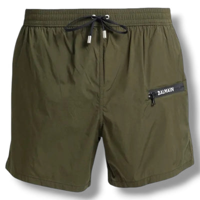 BALMAIN ZIP POCKET SWIM SHORTS KHAKI GREEN