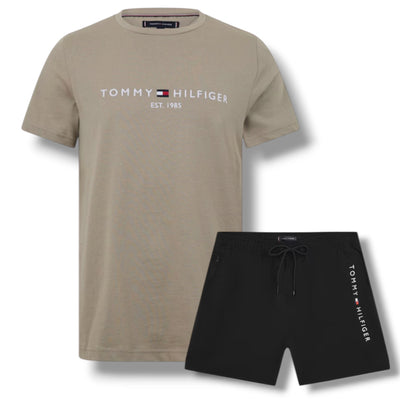 TOMMY HILFIGER LOGO T-SHIRT & SWIM SHORTS SET STONE & BLACK