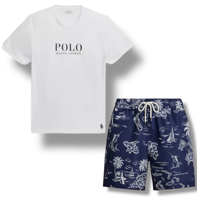 RALPH LAUREN POLO BIG LOGO T-SHIRT & BEAR SWIM SHORTS SET WHITE & NAVY BLUE